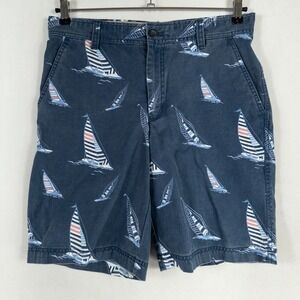 IZOD Saltwater Shorts Men 33 x 10 Blue Sailboat Print Cotton Vintage Wash Casual